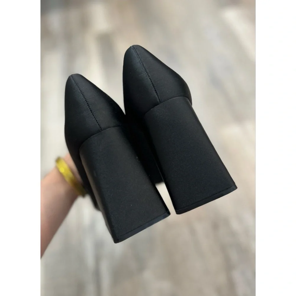 Zara Women’s Squared Toe Black Block Heel Pumps Shoes Size 39/8.5 Satin Classic - Picture 11 of 11